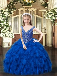 Trendy V-neck Sleeveless Lace Up Little Girls Pageant Gowns Royal Blue Organza