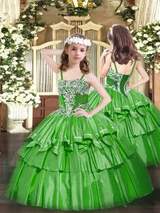 Green Ball Gowns Straps Sleeveless Organza Floor Length Lace Up Appliques and Ruffled Layers Little Girls Pageant Gowns