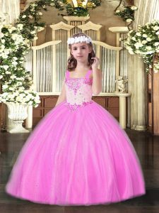 Pretty Rose Pink Lace Up Little Girls Pageant Dress Beading Sleeveless Floor Length