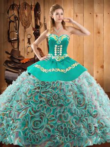 Multi-color Ball Gowns Sweetheart Sleeveless Satin and Fabric With Rolling Flowers Brush Train Lace Up Embroidery Sweet 