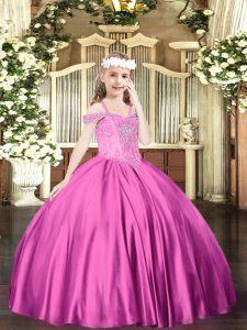 Hot Selling Fuchsia Sleeveless Beading Floor Length Little Girl Pageant Dress