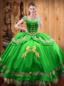 Green Ball Gowns Satin and Organza Off The Shoulder Sleeveless Beading and Embroidery Floor Length Lace Up Quinceanera G