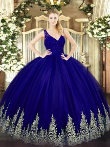 Gorgeous Sleeveless Tulle Floor Length Backless Quinceanera Dresses in Purple with Beading and Lace and Appliques