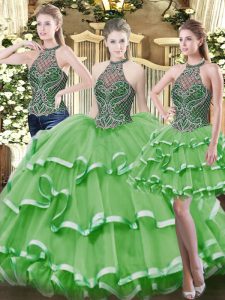 Sleeveless Floor Length Beading and Ruffled Layers Lace Up Sweet 16 Dress with Green
