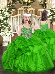 Green Ball Gowns Beading and Ruffles Little Girls Pageant Dress Lace Up Organza Sleeveless Floor Length