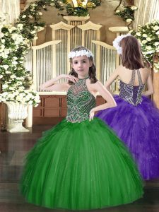 Exquisite Dark Green Tulle Lace Up Evening Gowns Sleeveless Floor Length Beading and Ruffles
