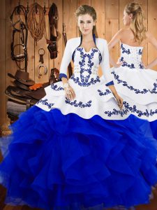 Floor Length Lace Up Ball Gown Prom Dress Blue for Military Ball and Sweet 16 and Quinceanera with Embroidery and Ruffle