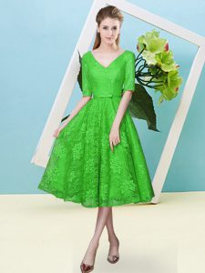 Glittering Green V-neck Neckline Bowknot Bridesmaid Gown Half Sleeves Lace Up