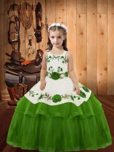 Super Olive Green Straps Lace Up Embroidery and Ruffled Layers Little Girls Pageant Dress Sleeveless