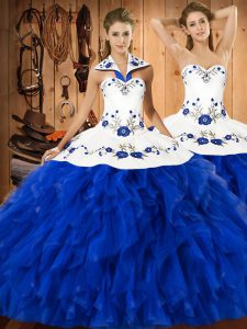 Colorful Blue And White Satin and Organza Lace Up Sweet 16 Dress Sleeveless Floor Length Embroidery and Ruffles