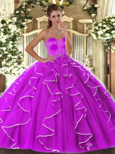 Sophisticated Fuchsia Lace Up Sweetheart Beading and Ruffles Ball Gown Prom Dress Organza Sleeveless