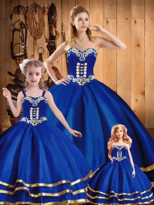 Excellent Blue Ball Gowns Embroidery Sweet 16 Dresses Lace Up Tulle Sleeveless Floor Length