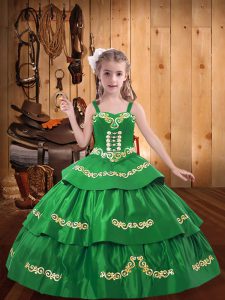 Beauteous Straps Sleeveless Evening Gowns Floor Length Embroidery Green Taffeta