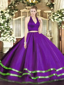 Top Selling Floor Length Purple Sweet 16 Dress Tulle Sleeveless Ruffled Layers