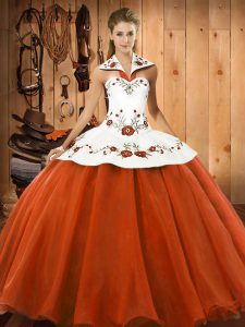 Satin and Tulle Halter Top Sleeveless Lace Up Embroidery Sweet 16 Quinceanera Dress in Orange Red