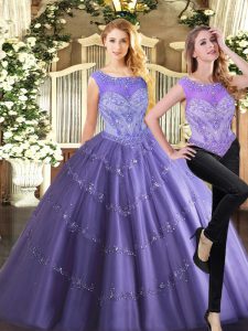 Super Lavender Tulle Zipper Vestidos de Quinceanera Sleeveless Floor Length Beading