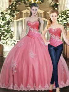 Custom Design Rose Pink Ball Gowns Beading and Appliques Quinceanera Gown Lace Up Tulle Sleeveless Floor Length