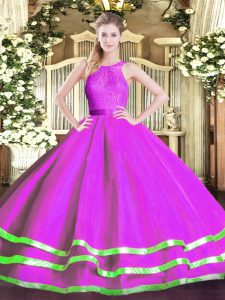 Floor Length Zipper Ball Gown Prom Dress Fuchsia for Military Ball and Sweet 16 and Quinceanera with Lace