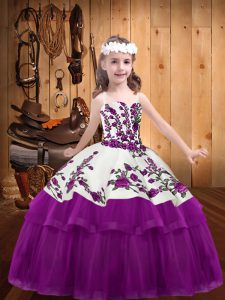 Sleeveless Organza and Tulle Floor Length Lace Up Pageant Dress for Teens in Fuchsia with Embroidery