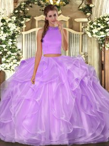 Lilac Two Pieces Organza Halter Top Sleeveless Beading and Ruffles Floor Length Backless Ball Gown Prom Dress