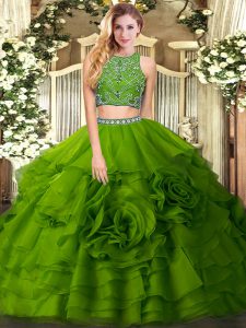 Beautiful Floor Length Olive Green Quinceanera Gowns Tulle Sleeveless Beading and Ruffled Layers