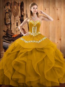 Custom Design Gold Organza Lace Up Sweetheart Sleeveless Floor Length Quinceanera Dress Embroidery and Ruffles