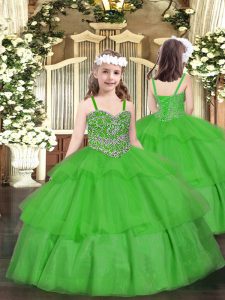 Stunning Green Organza Lace Up Kids Formal Wear Sleeveless Floor Length Beading and Ruffled Layers