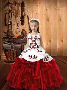 Charming Wine Red Sleeveless Embroidery and Ruffles Floor Length Pageant Gowns For Girls