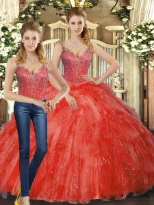 Popular Floor Length Red Sweet 16 Dress Straps Sleeveless Lace Up