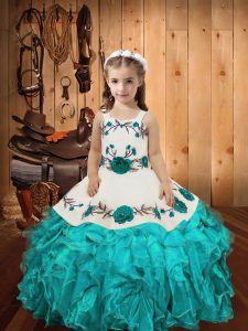 Perfect Sleeveless Floor Length Embroidery and Ruffles Lace Up Pageant Gowns For Girls with Aqua Blue