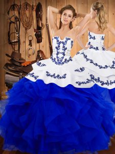 Customized Floor Length Ball Gowns Sleeveless Blue And White 15th Birthday Dress Lace Up