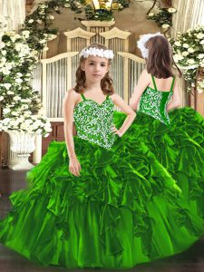 Green Lace Up Pageant Dress for Womens Beading and Ruffles Sleeveless Floor Length
