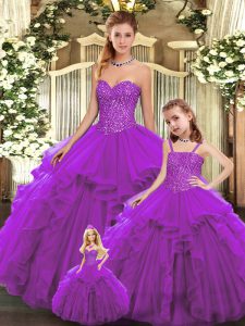 Designer Eggplant Purple Sleeveless Floor Length Beading and Ruffles Lace Up Sweet 16 Dresses