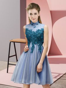 Blue Sleeveless Tulle Lace Up Bridesmaids Dress for Prom and Party and Wedding Party