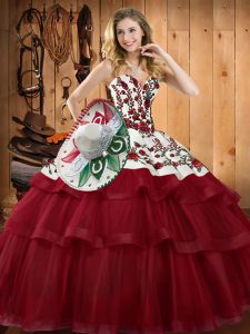 Superior Embroidery Quinceanera Dresses Wine Red Lace Up Sleeveless Sweep Train