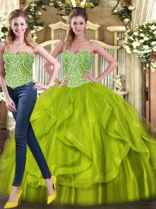 Olive Green Organza Lace Up Quince Ball Gowns Sleeveless Floor Length Beading and Ruffles