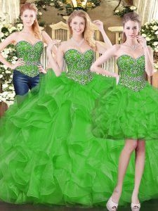 Floor Length Green Quinceanera Gowns Tulle Sleeveless Beading and Ruffles