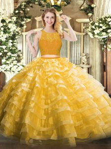 Sumptuous Gold Ball Gowns Organza Scoop Sleeveless Lace and Ruffled Layers Floor Length Zipper Quince Ball Gowns