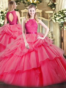 Sweet Coral Red Scoop Neckline Lace and Ruffled Layers Quinceanera Gown Sleeveless Zipper