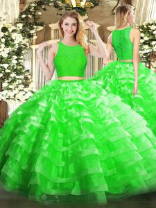 Green Scoop Neckline Lace and Ruffled Layers Sweet 16 Quinceanera Dress Sleeveless Zipper