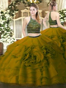 Two Pieces Quinceanera Gown Olive Green Halter Top Tulle Sleeveless Floor Length Zipper