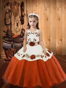 Orange Red Ball Gowns Embroidery Child Pageant Dress Lace Up Organza Sleeveless Floor Length