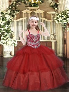 Ball Gowns Kids Formal Wear Wine Red Straps Organza Sleeveless Floor Length Lace Up