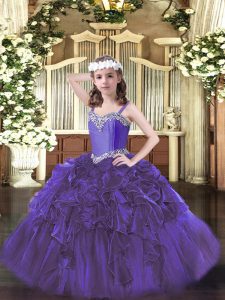 Beautiful Purple Straps Neckline Beading and Ruffles Little Girls Pageant Dress Wholesale Sleeveless Lace Up