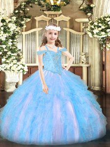 Elegant Baby Blue Ball Gowns Off The Shoulder Sleeveless Organza Floor Length Lace Up Beading and Ruffles Winning Pagean