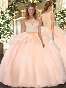 Superior Peach Clasp Handle Scoop Lace Sweet 16 Quinceanera Dress Organza Sleeveless