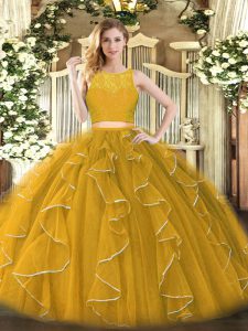 Shining Gold Ball Gowns Scoop Sleeveless Organza Floor Length Zipper Lace and Ruffles Sweet 16 Dress