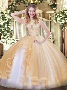 Top Selling Champagne Scoop Neckline Lace and Ruffles Sweet 16 Dress Sleeveless Backless