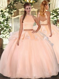 Pretty Peach Organza Backless Quince Ball Gowns Sleeveless Floor Length Beading