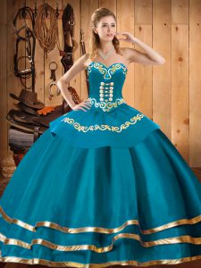 Sleeveless Floor Length Embroidery Lace Up Sweet 16 Quinceanera Dress with Teal
